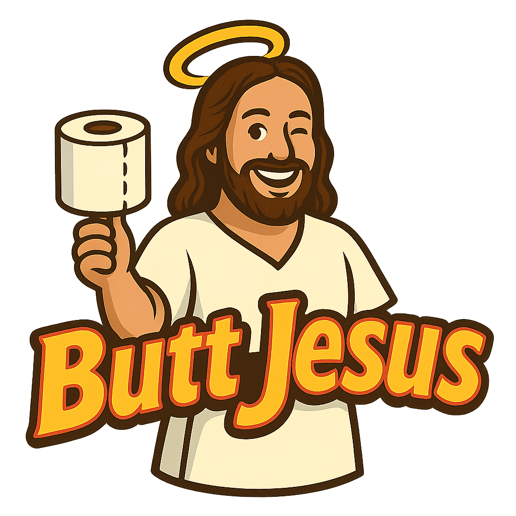 logo for the site. an image of a happy winking Jesus with halo and a roll of toilet paper on his thumbs up.